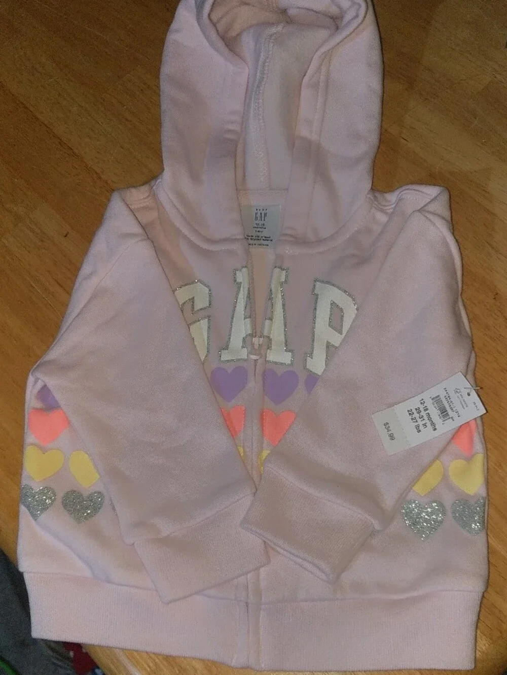 GAP Light Purple Zip-Up Hoodie with Rainbow Hearts, 12-18m